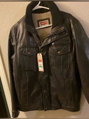 New mens Levi's Brown Sherpa Lined zip button Bomber Coat Jacket Size Small
